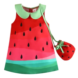Conjuntos de 2 piezas de ropa de verano para niño niña, bonito vestido de princesa con cuello de muñeca sin mangas, vestidos de bebé rojo sandía + bolso, vestido para niños BC682