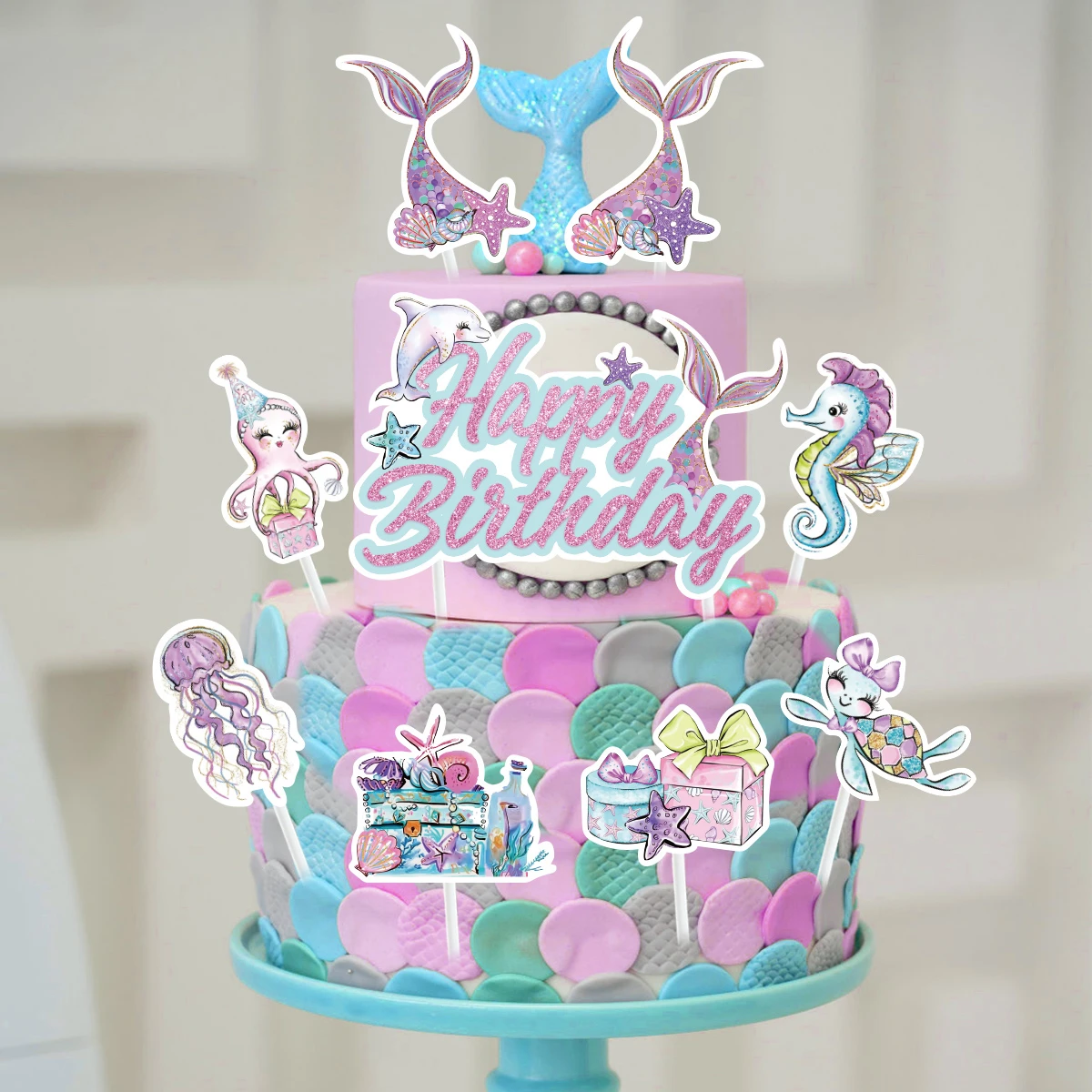 Decoración de decoración de tarta de cumpleaños con temática de sirena, decoración de cola de sirena, decoración de tarta de feliz cumpleaños para tarta de cumpleaños, suministros para fiesta de bienvenida de bebé - imagen 5