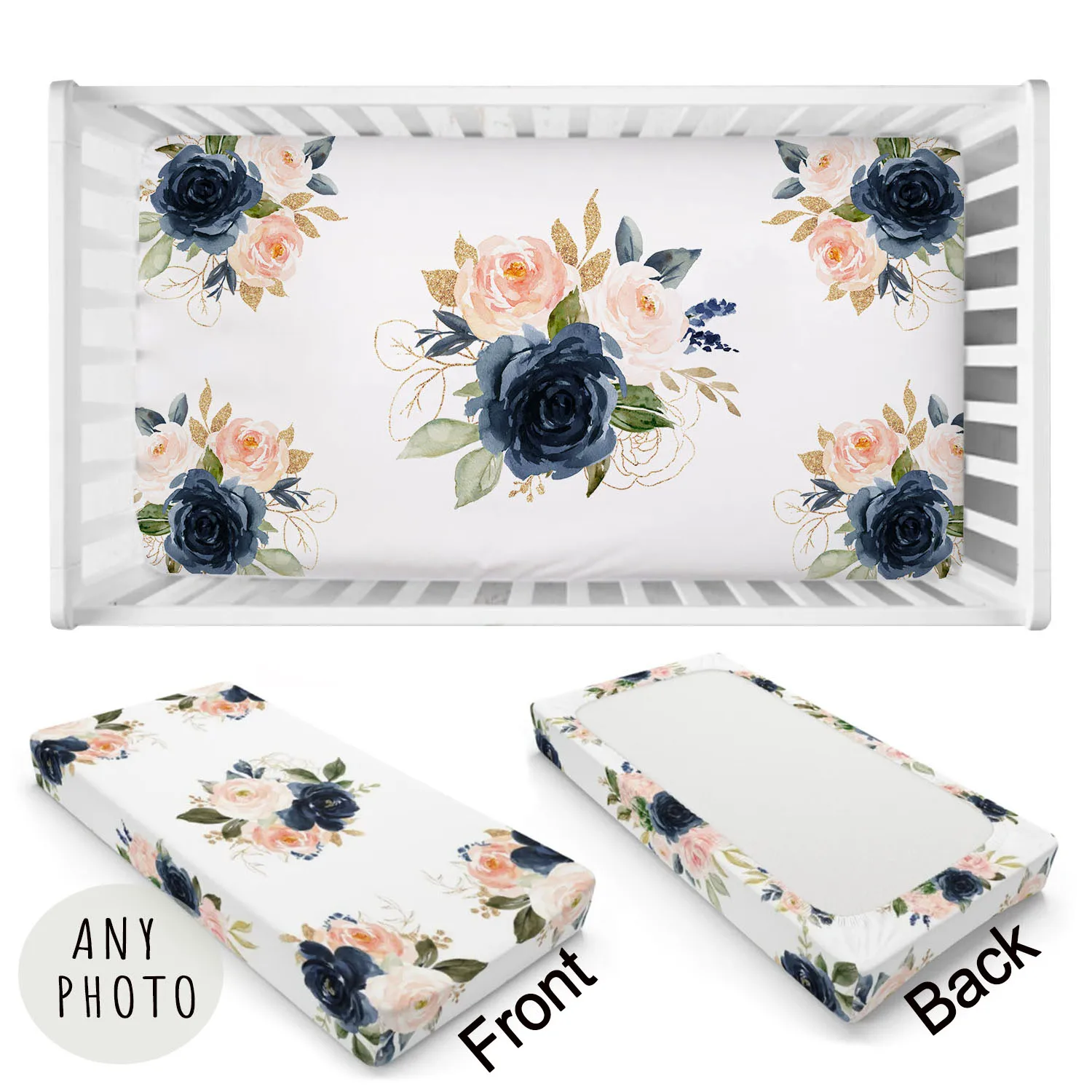 LVYZIHO-juego de sábanas para cuna de bebé, ropa de cama con nombre personalizado, color azul marino, rubor, rosa, acuarela - imagen 3