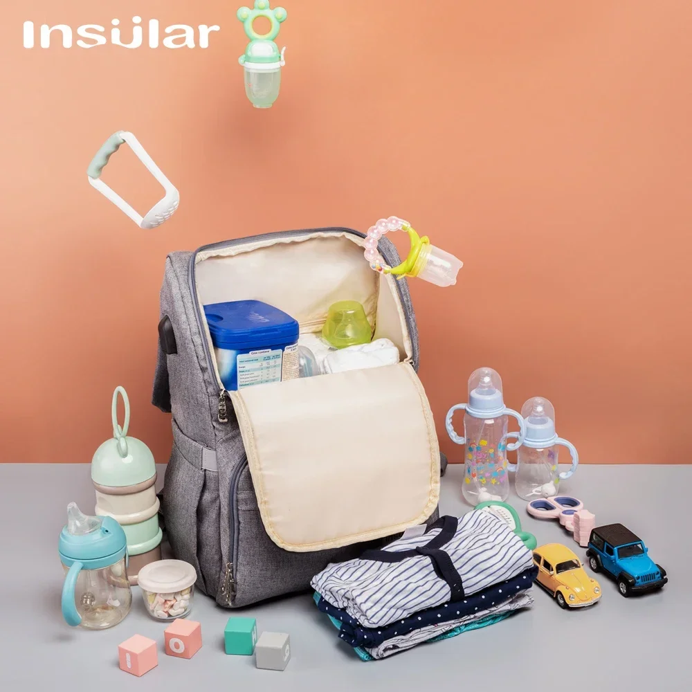 Bolsa de pañales para bebés Insular con interfaz USB, kits de bolsas de pañales impermeables grandes, mochila de viaje de maternidad para mamás, bolsa de lactancia con gancho - imagen 3