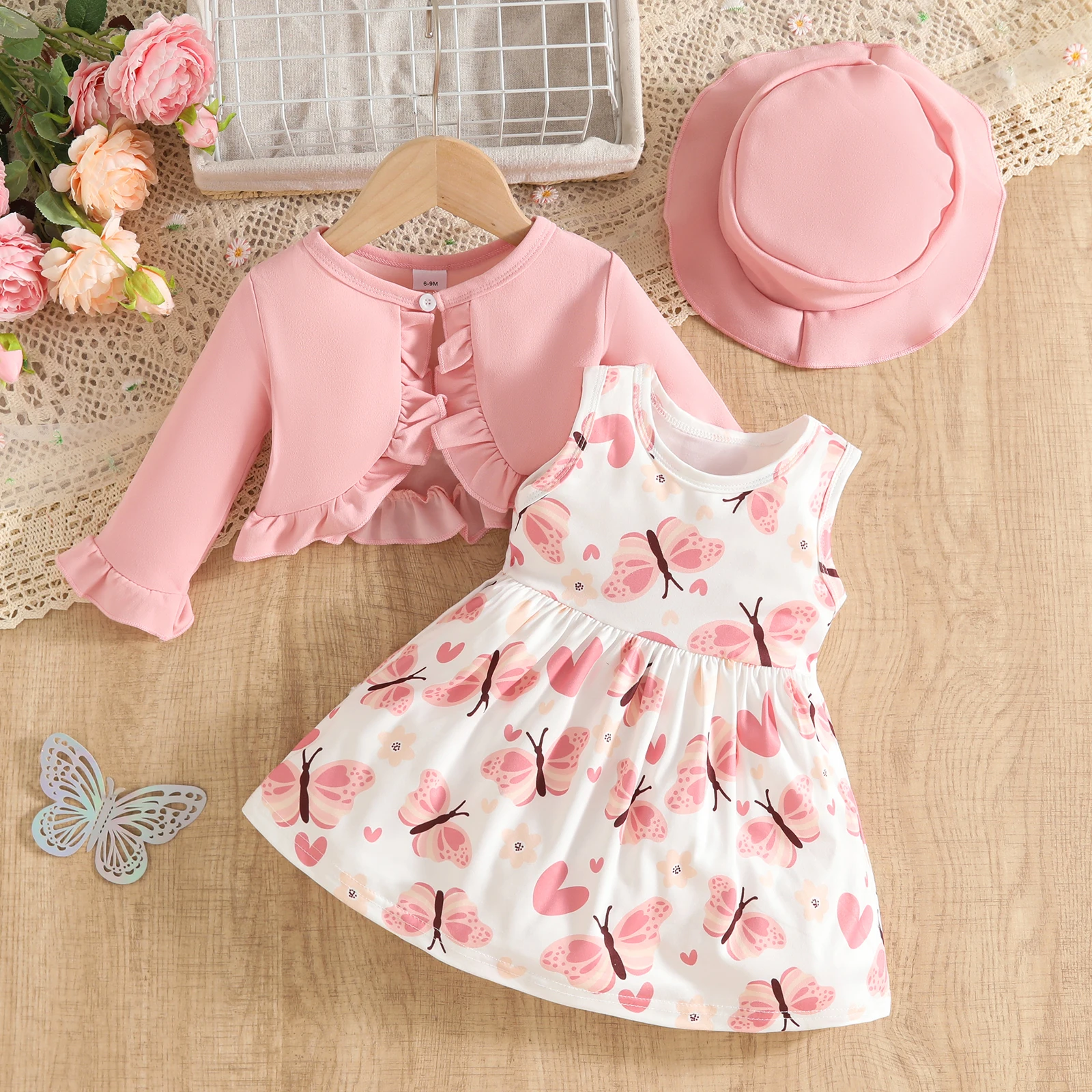 SUNSIOM 0-3 años bebé niña 2 piezas trajes de otoño vestido sin mangas con estampado de girasol + cárdigan de manga larga + conjunto de sombrero ropa para niños pequeños - imagen 3