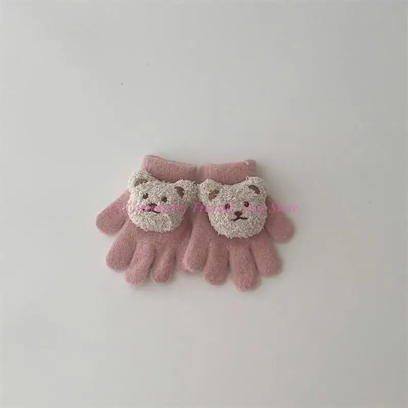 85AE Guantes tejidos invierno con dedos completos Patrón oso dibujos animados Manoplas cálidas Color sólido - imagen 5