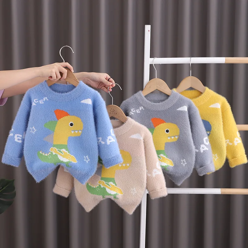 Milangel-suéteres de punto de lana de visón para niños, suéter con patrón de dinosaurio de dibujos animados para niños de 2 a 6 años, Otoño e Invierno - imagen 4