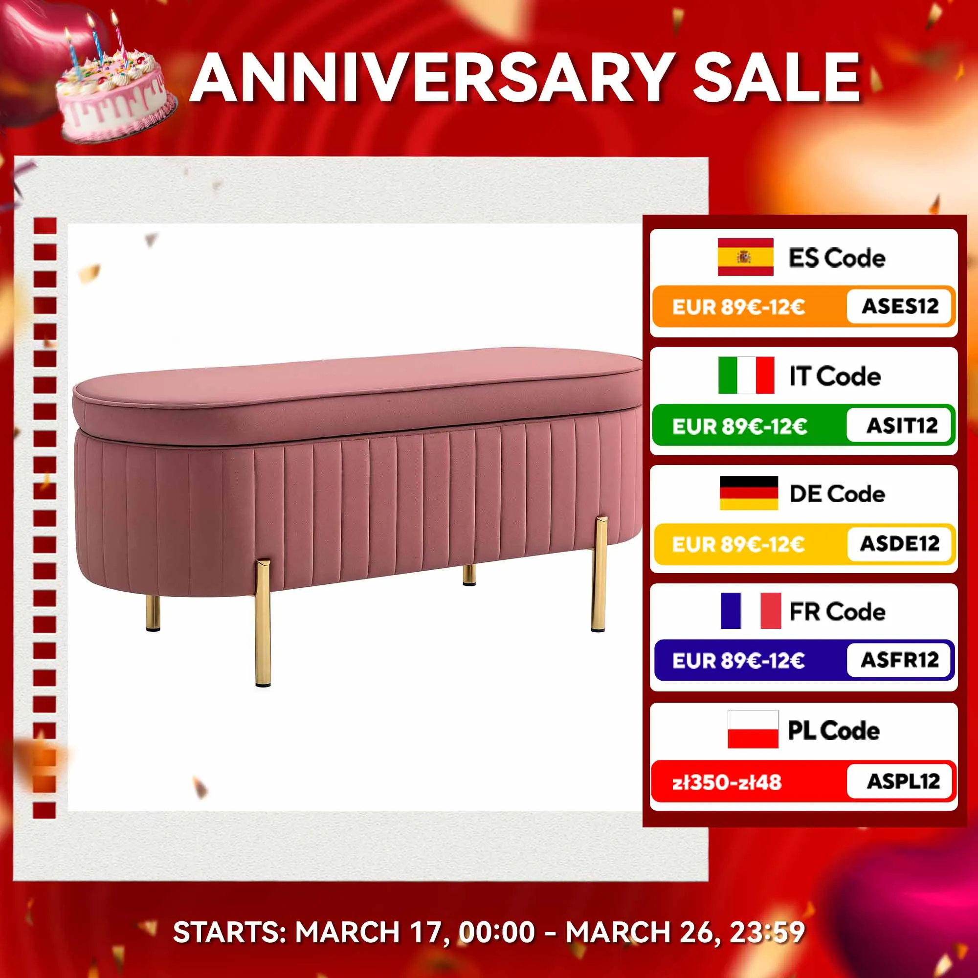 HOMCOM Banco Pie de Cama Tapizado en Terciopelo Puff Almacenaje con Espacio de Almacenaje y Patas Doradas Banqueta para Dormitorio Entrada 108x44x43,5 cm Rosa