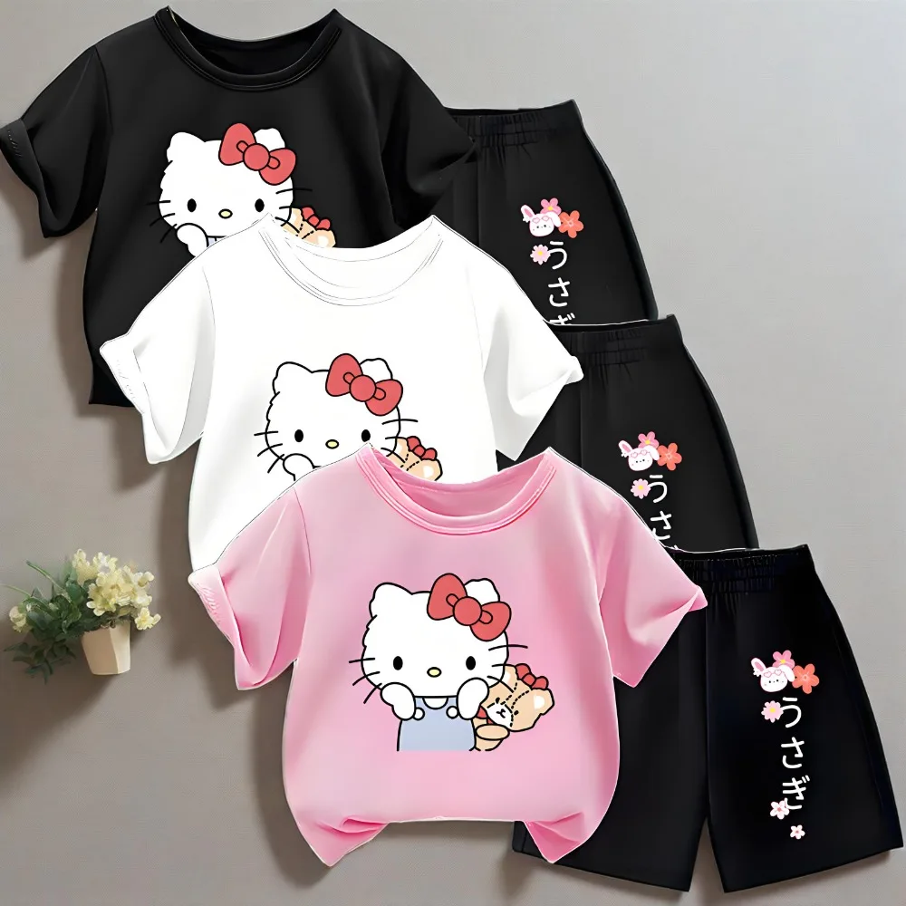 HELLO KITTY-Conjunto de dos piezas de camiseta y pantalones cortos con estampado para niños, Top informal transpirable para niñas, conjuntos de ropa para exteriores