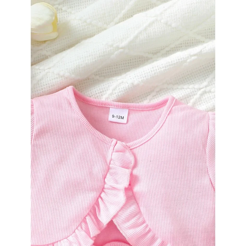 Conjunto de ropa de 2 uds para niña pequeña de 0 a 3 años, cárdigan de manga corta + vestido de malla con cintura de flores y tirantes, trajes diarios dulces para bebé - imagen 3