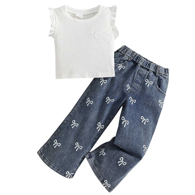 Ropa de verano de 2 piezas para bebés, conjuntos de trajes para niñas, Tops de algodón sin mangas con lazo a la moda coreana + pantalones vaqueros sueltos, ropa de Boutique para niños BC510 - imagen 2