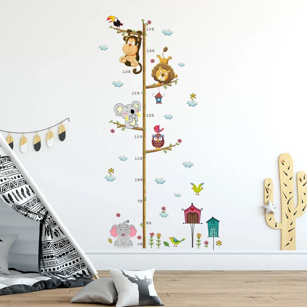 Pegatina de pared con gráfico de animales encantadores, mono en rama de árbol, crecimiento, decoración de habitación de niños, medida de altura para niños