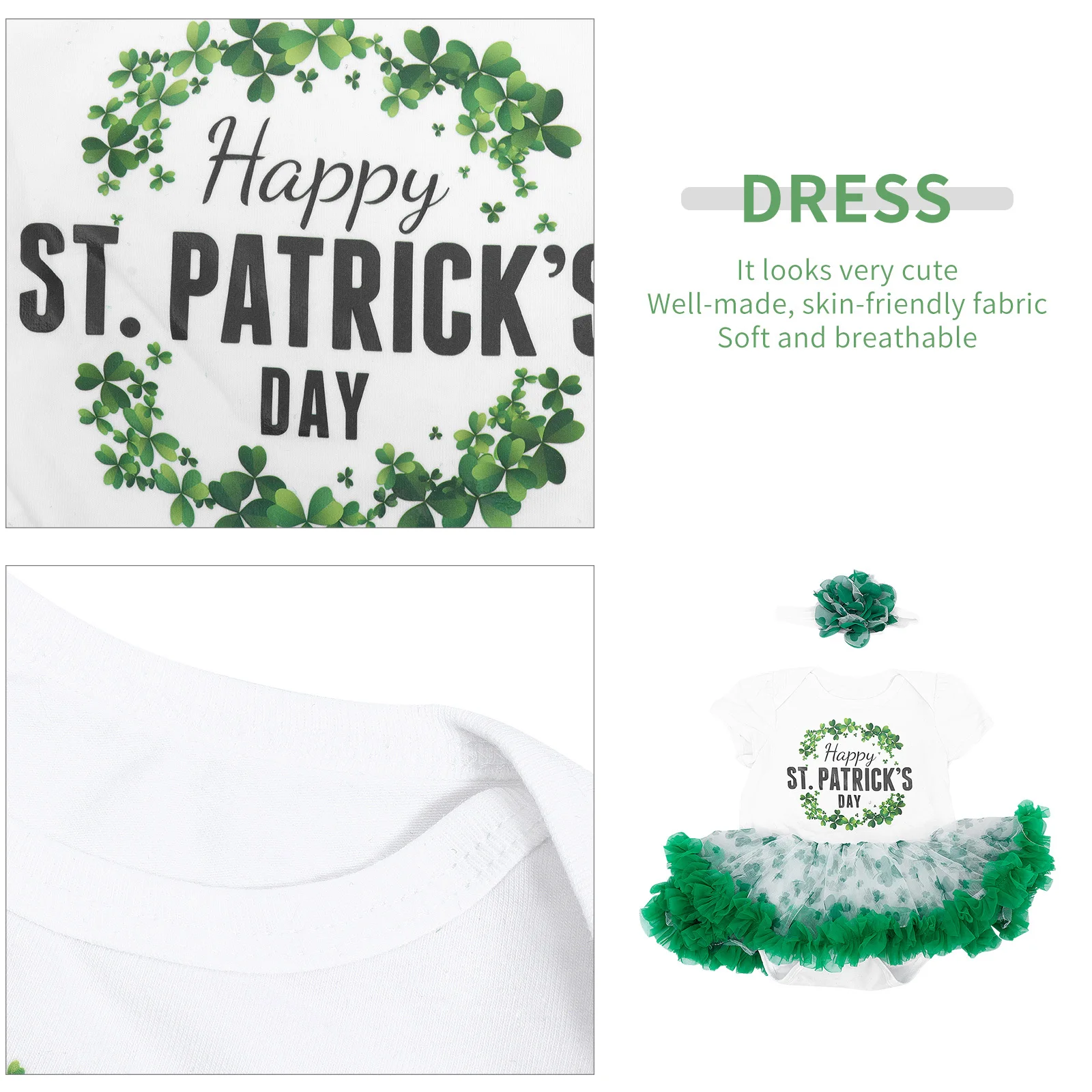 1 Juego de mono con letras de dibujos animados para niñas, bonito disfraz de trébol, falda con tutú de gasa, vestido de fiesta cómodo y transpirable St