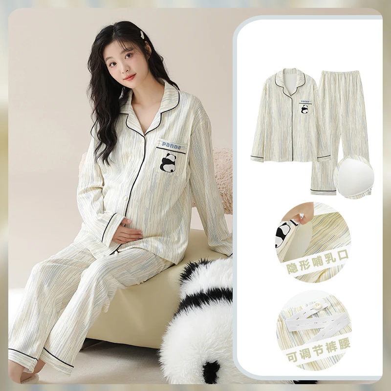 Pijamas posparto para otoño y primavera, ropa de dormir de maternidad de talla grande, holgada con almohadillas para el pecho, ropa para amamantar, entrega