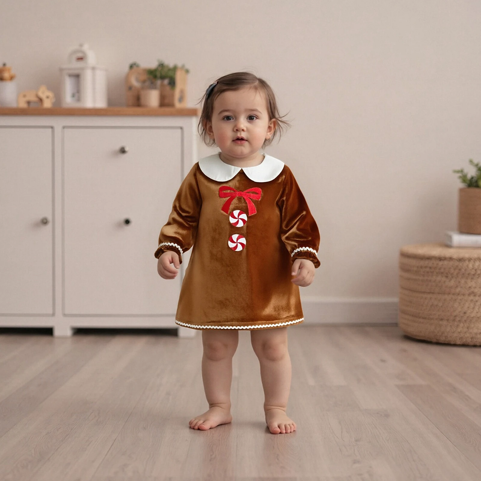 SUNSIOM Vestido de Navidad de una línea para niña pequeña, hombre de jengibre, bordado con lazo, manga larga, cuello de muñeca, vestido de terciopelo - imagen 5