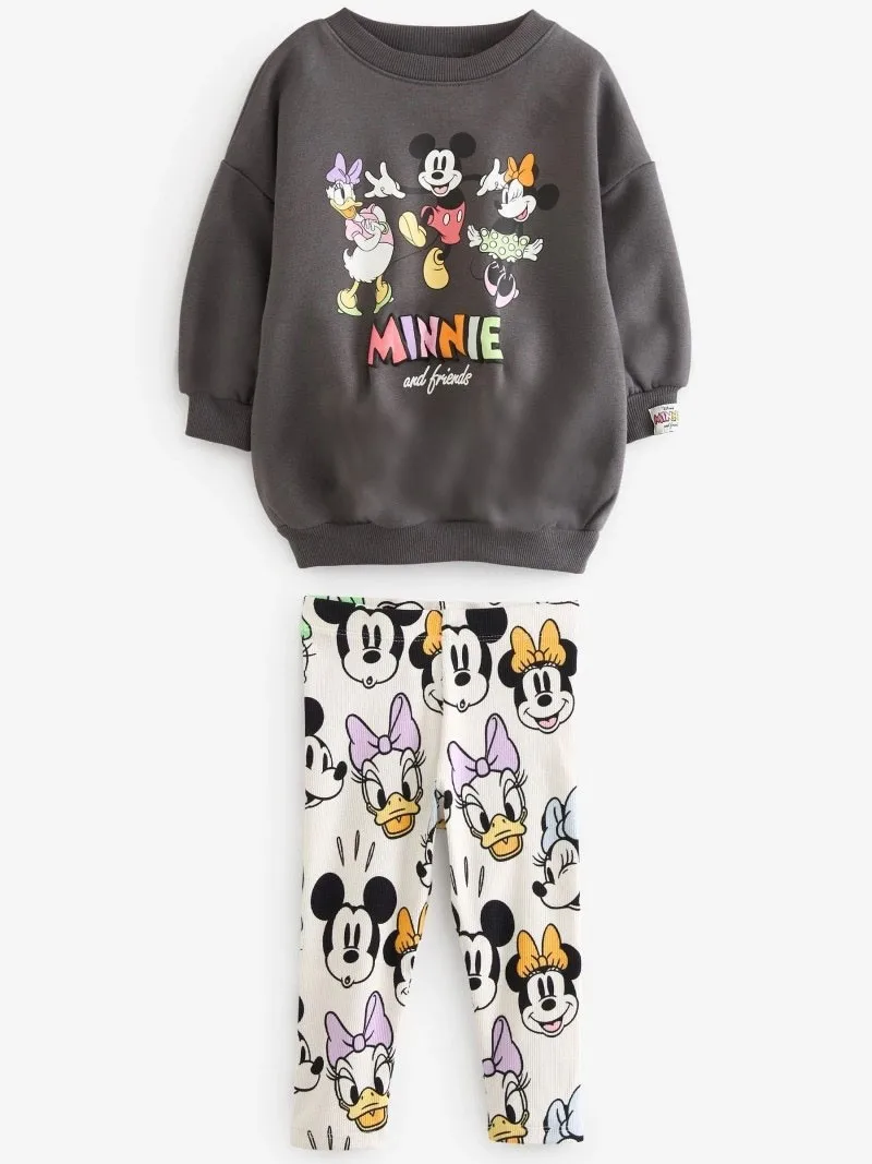 Conjuntos de otoño de Disney, sudaderas con capucha con estampado de Mickey Minnie, mallas estampadas, conjuntos de manga larga a la moda para niños pequeños, sudadera bonita + Pantalones, 2 uds.