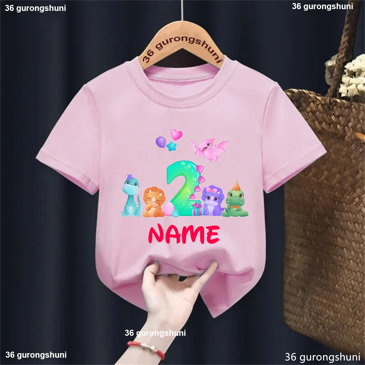 Camiseta con estampado de globos de dinosaurio y nombre personalizado para niñas/niños, ropa divertida de dinosaurio t-rex para niños pequeños, camiseta lisa Kawaii de verano - imagen 3
