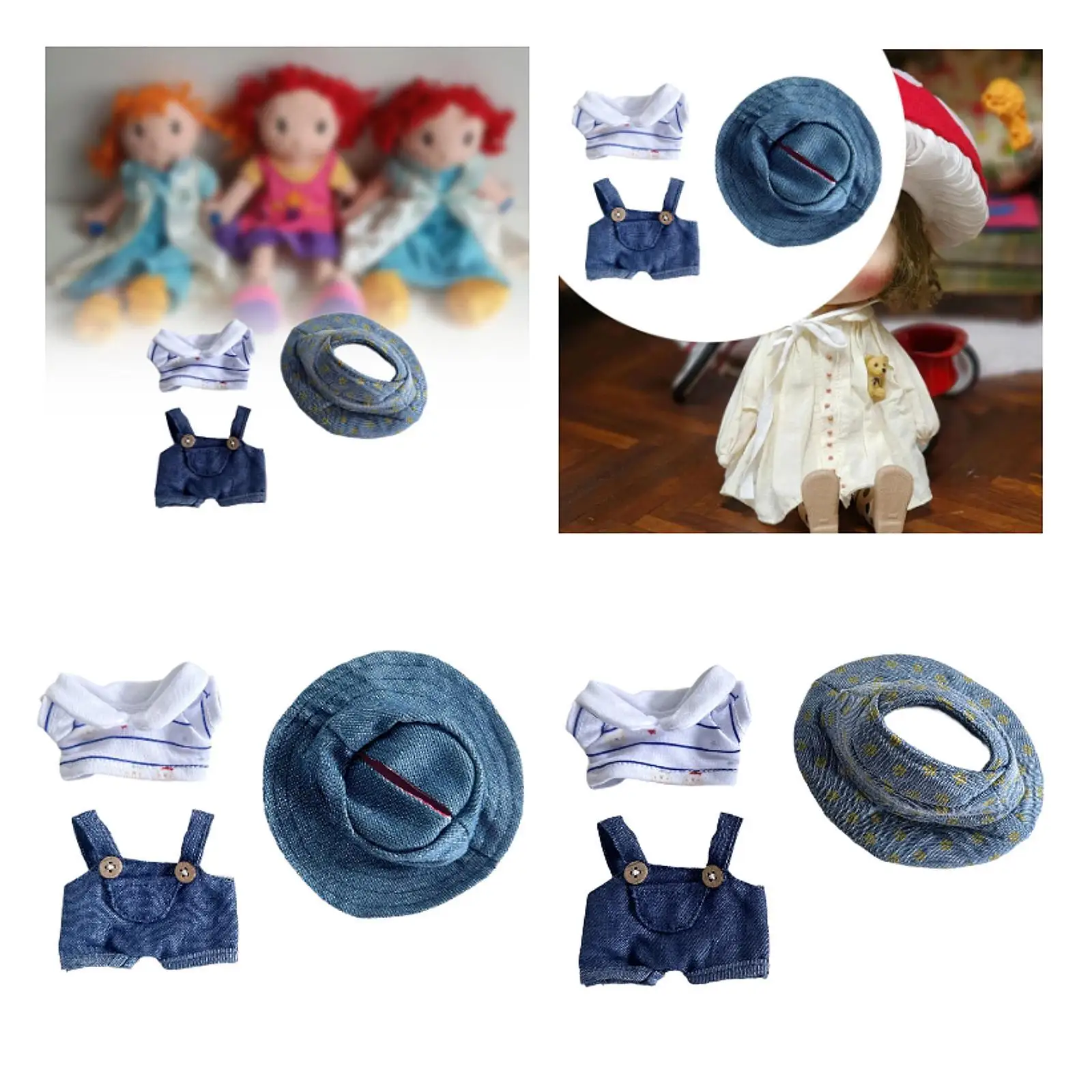 3x Fashion Dolls Suspender Pants with T Shirt Hat, Miniature Clothes Accessory, Handmade Clothing for 15-17cm Dolls