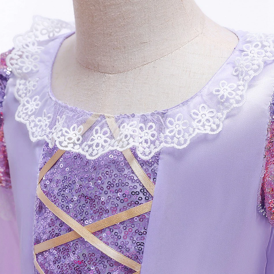 Vestido elegante de Rapunzel para niña, disfraz de Halloween, cumpleaños, lentejuelas, enredados, vestido de fiesta de princesa de encaje para carnaval - imagen 4