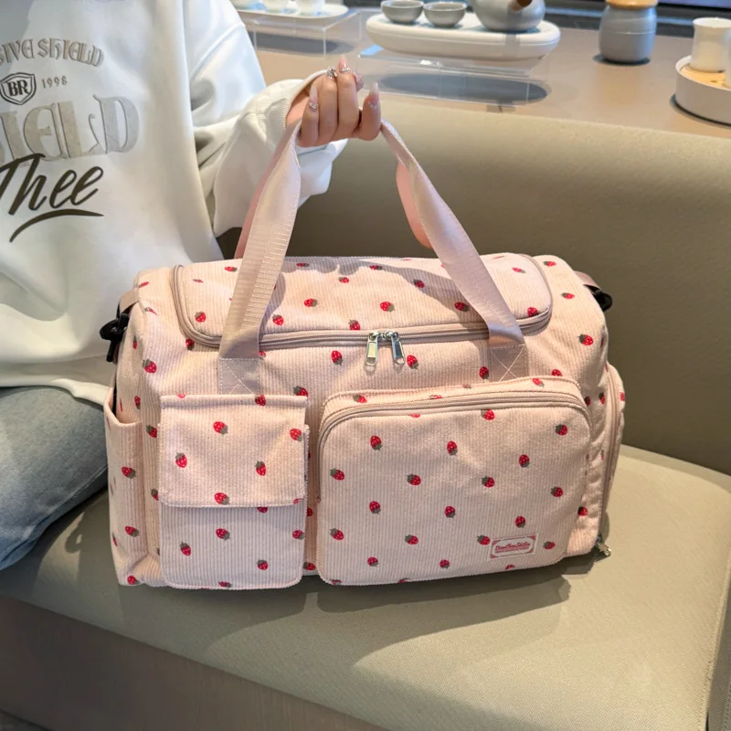 Bolsa de maternidad con dibujos de fresas para mujer, bolsa de pañales de pana de gran capacidad para pañales de bebé, bolsa de almacenamiento de viaje duradera a la moda - imagen 2