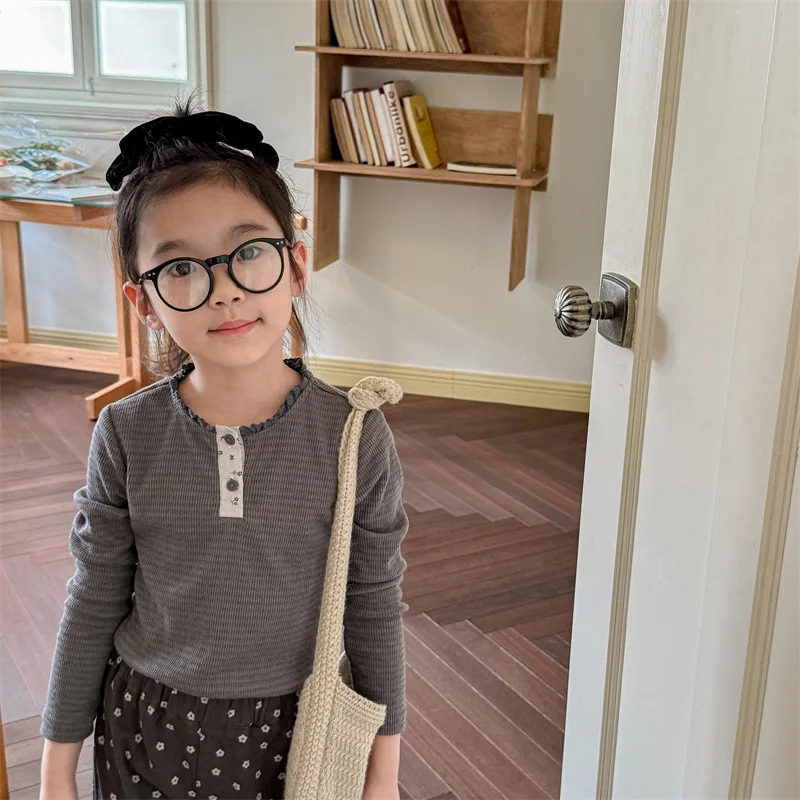 MILANCEL-Camiseta de manga larga para niños, blusa de cuello redondo de encaje Simple para niños de 1 a 6 años, ropa de otoño, 2024 - imagen 5