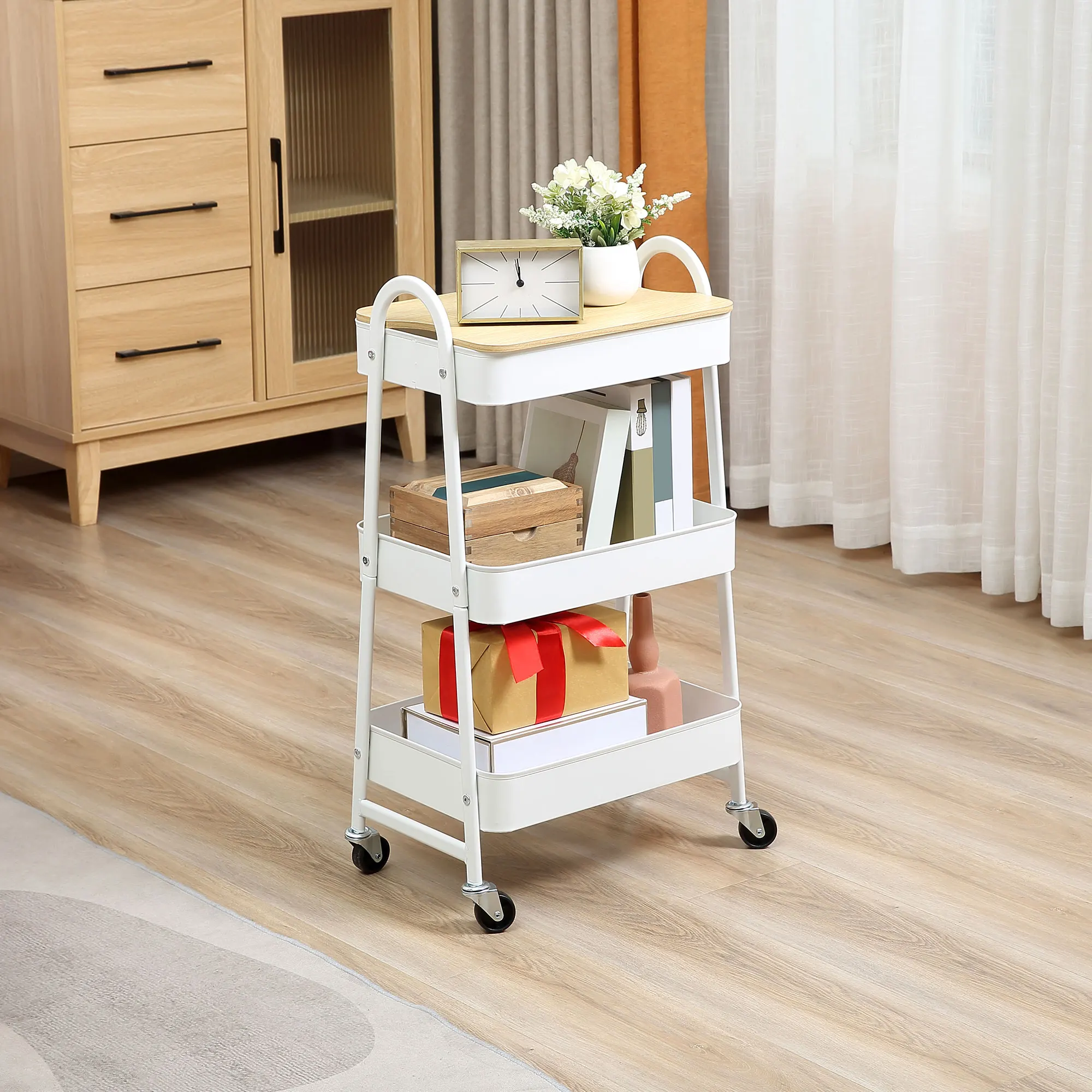 HOMCOM Carrito Auxiliar con Ruedas de 3 Niveles, Carrito de Cocina con 3 Cestas de Acero y 1 Placa de Cubierta, para Comedor, Sala Baño, 45x31x79,4 cm, Blanco - imagen 2