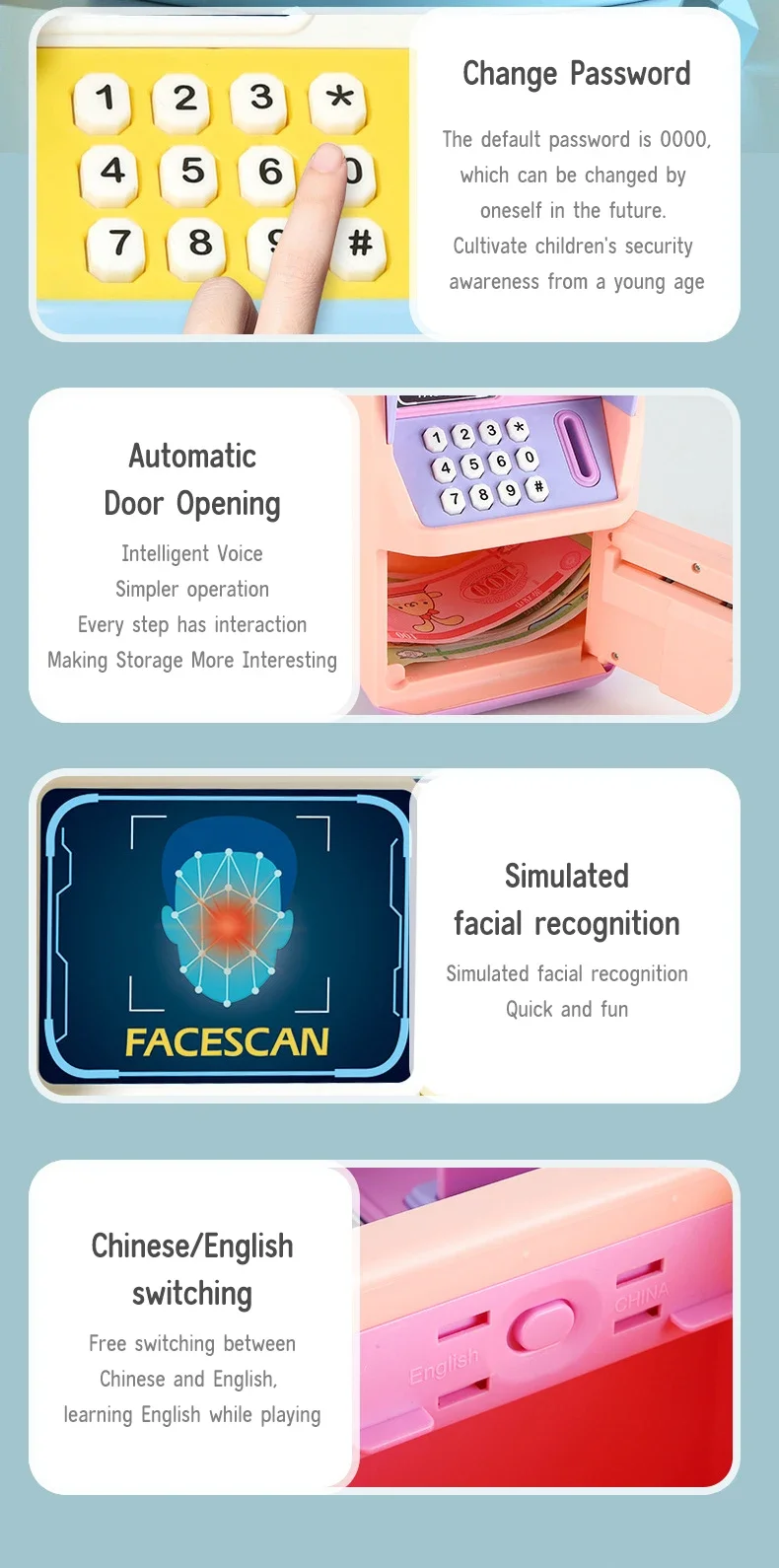 Hucha ATM, caja de seguridad, caja de dinero, música ATM, banco electrónico de dibujos animados, desbloqueo facial, juguete para niños, banco de papel de desplazamiento automático - imagen 5