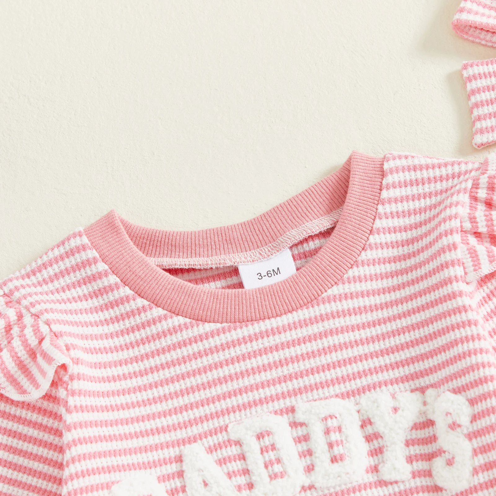 VISgogo Mameluco a rayas para niñas con bordado de letras, monos de manga larga con volantes y lindo conjunto de diadema - imagen 4