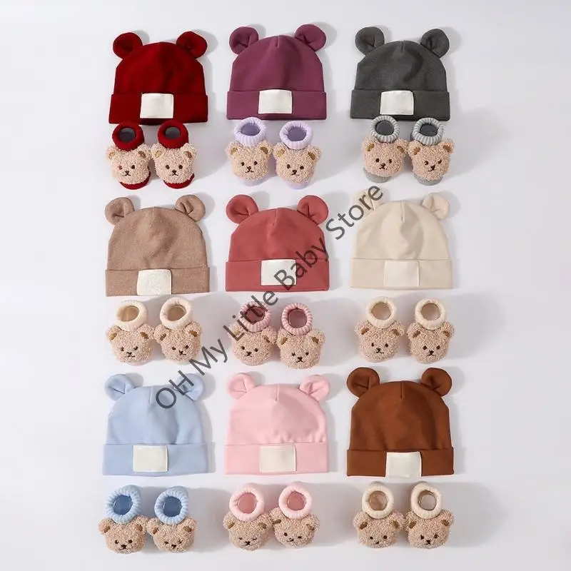 M76C Patrón oreja transpirable Baby Hat and Calcets Elástico Mezcla poliéster algodón Mezcla suave en piel sensible - imagen 3