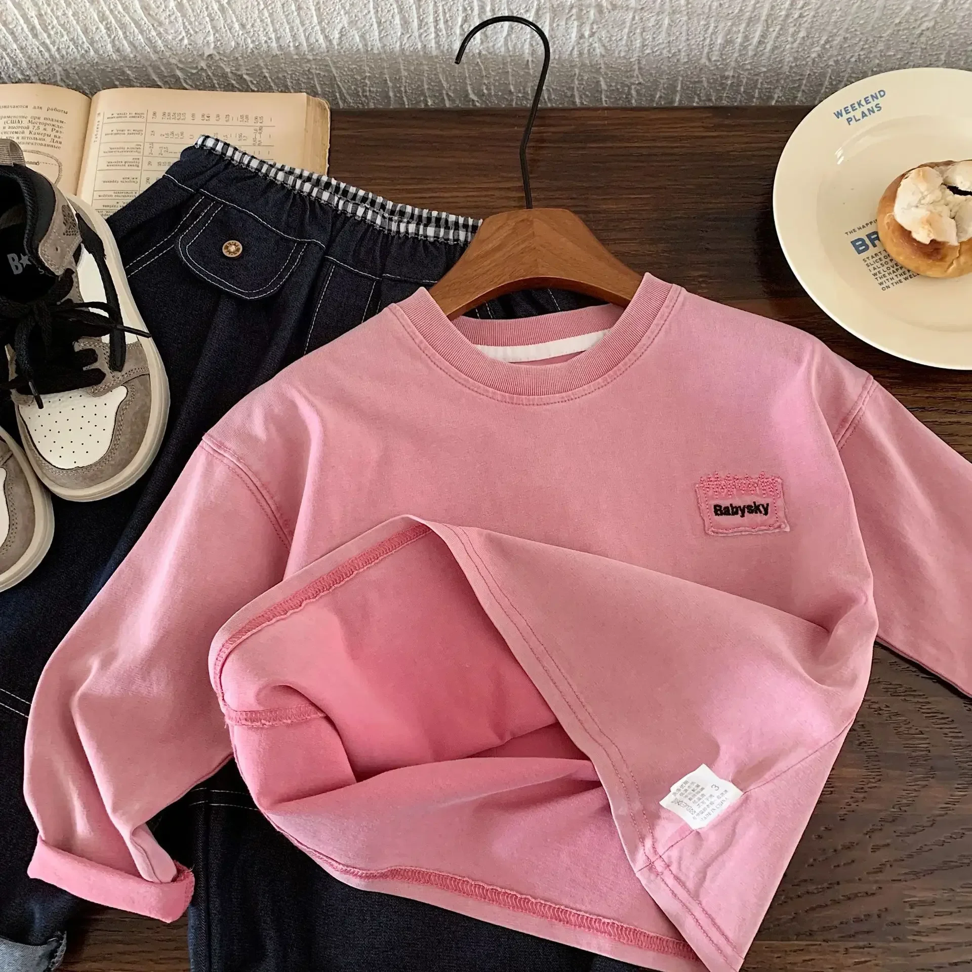 Camiseta de manga larga con estampado de letras para niños y niñas, camiseta holgada Vintage lavada, totalmente nueva de algodón puro, 2026 - imagen 5