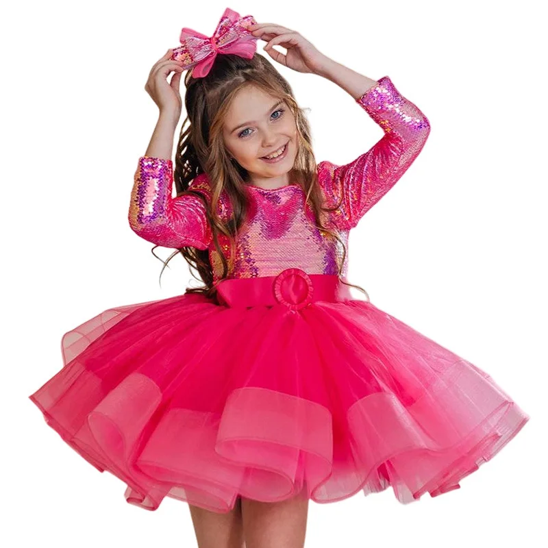 2025 Vestido de princesa de manga larga para niñas, vestido de lentejuelas magenta para Piano Recital, desfile de moda, fiesta brillante, ropa Formal, vestido de niña - imagen 5