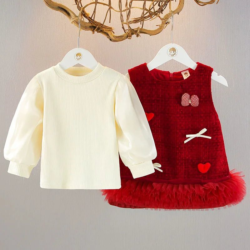 Conjunto otoño invierno niña bebé: camiseta manga larga y vestido rojo - imagen 4