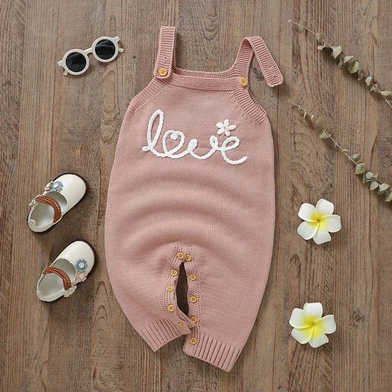 Peleles para recién nacidos, monos a la moda con letras bordadas para niños y niñas, ropa tejida con tirantes para niños pequeños, monos bonitos de 0 a 18M