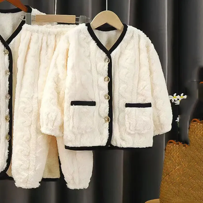 Ropa de hogar para niña con un solo pecho y cuello en V, pijamas de Franela suave, pantalones, traje de dos piezas, conjunto de pijamas para niños medianos y grandes - imagen 2