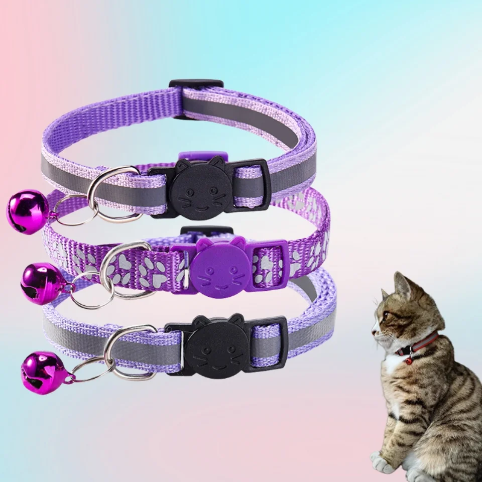 3 unids/pack Collar de gato con tira reflectante para Collar de mascota pequeña puede ajustar collar de 7-12 pulgadas con patrón de campana para gato - imagen 5