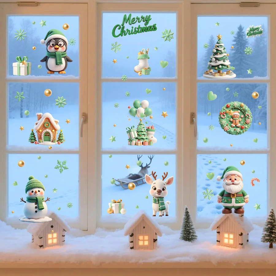 Nuevas pegatinas navideñas para ventana, pegatinas de renos y personas de pan de jengibre, pegatinas de pingüino y Papá Noel, Feliz Navidad