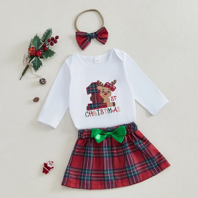 SUNSIOM-Conjunto de falda navideña para niñas, pelele bordado con letras de alce y Papá Noel, diadema de falda a cuadros, 3 piezas, 0-18 meses - imagen 4