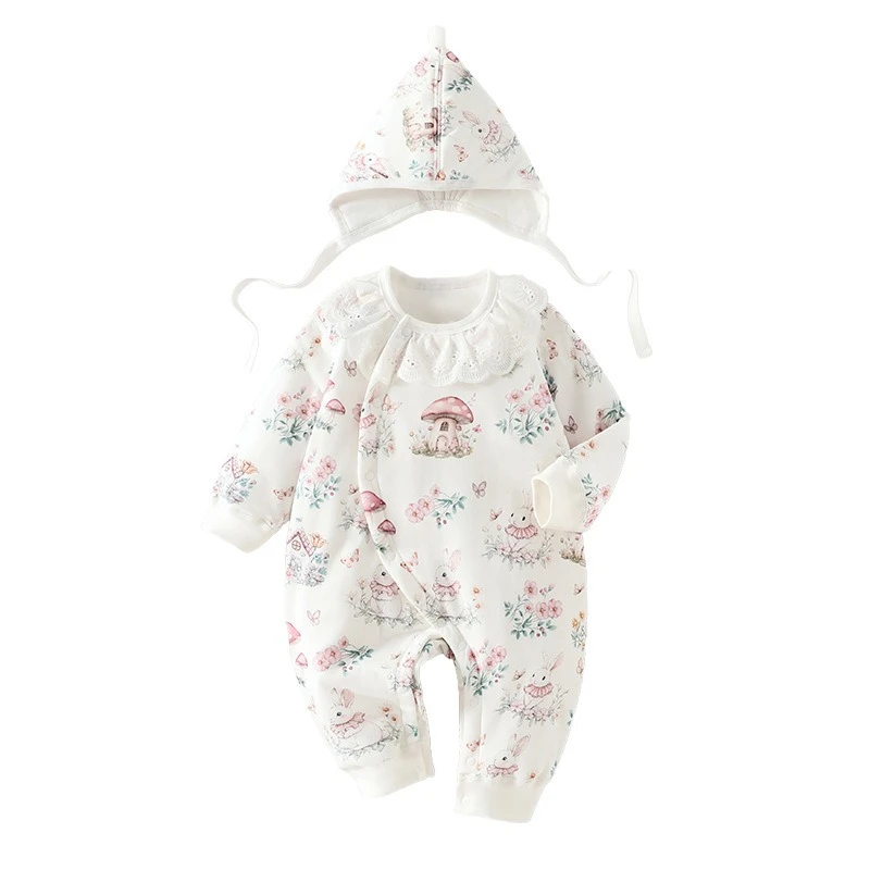 Mono cálido y grueso con sombrero para niña, pelele de manga larga con estampado bonito Unisex para invierno, pelele suave y cómodo para exteriores para niño - imagen 2