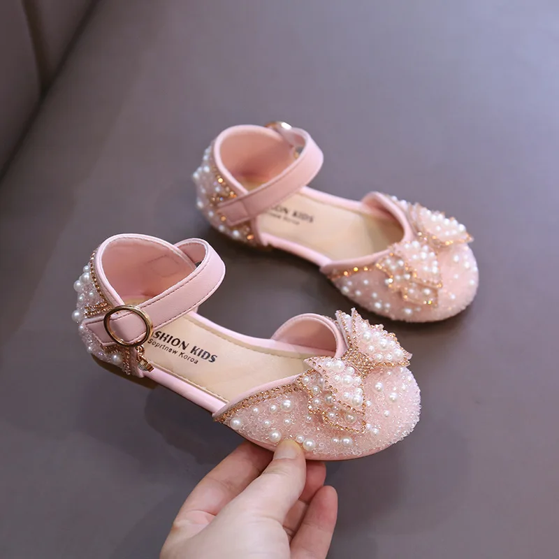 Zapatos de fiesta para niñas, zapatos de cuero a la moda con diamantes de imitación para niños, sandalias planas para vestido de Boda de Princesa dulce para niños - imagen 2