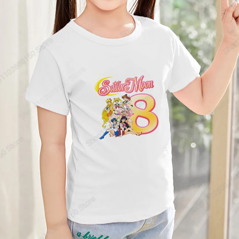 Camiseta con estampado de dibujos animados Sailor Moon para niño, Top de algodón de Anime, ropa informal de moda para niña, camiseta con número de cumpleaños de verano, regalo - imagen 4