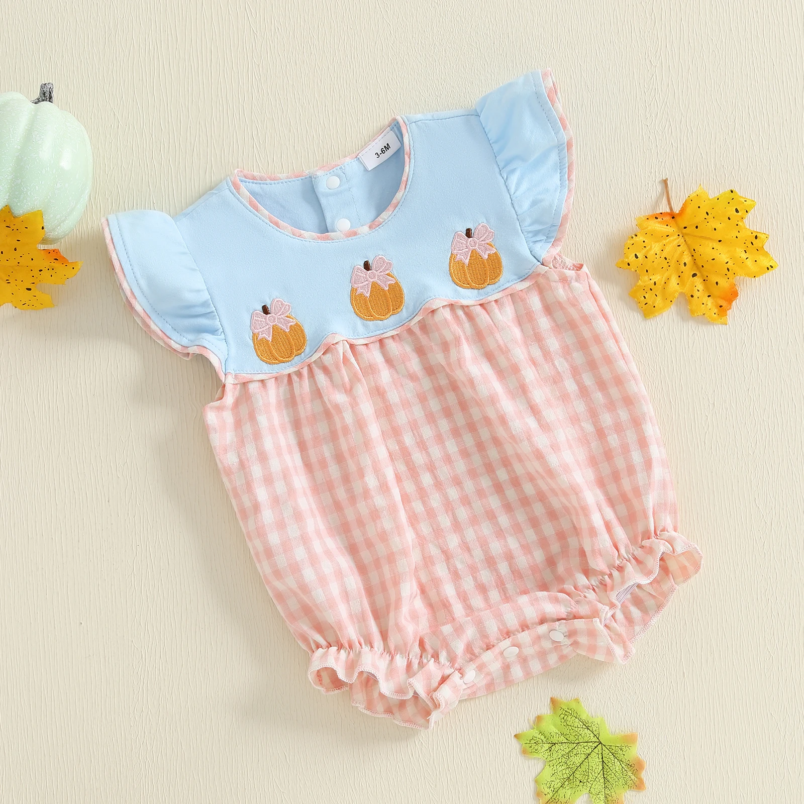Pelele de verano para niña de 0 a 18 meses, mono con bordado de calabaza y manga voladora, mono de burbujas a cuadros - imagen 3