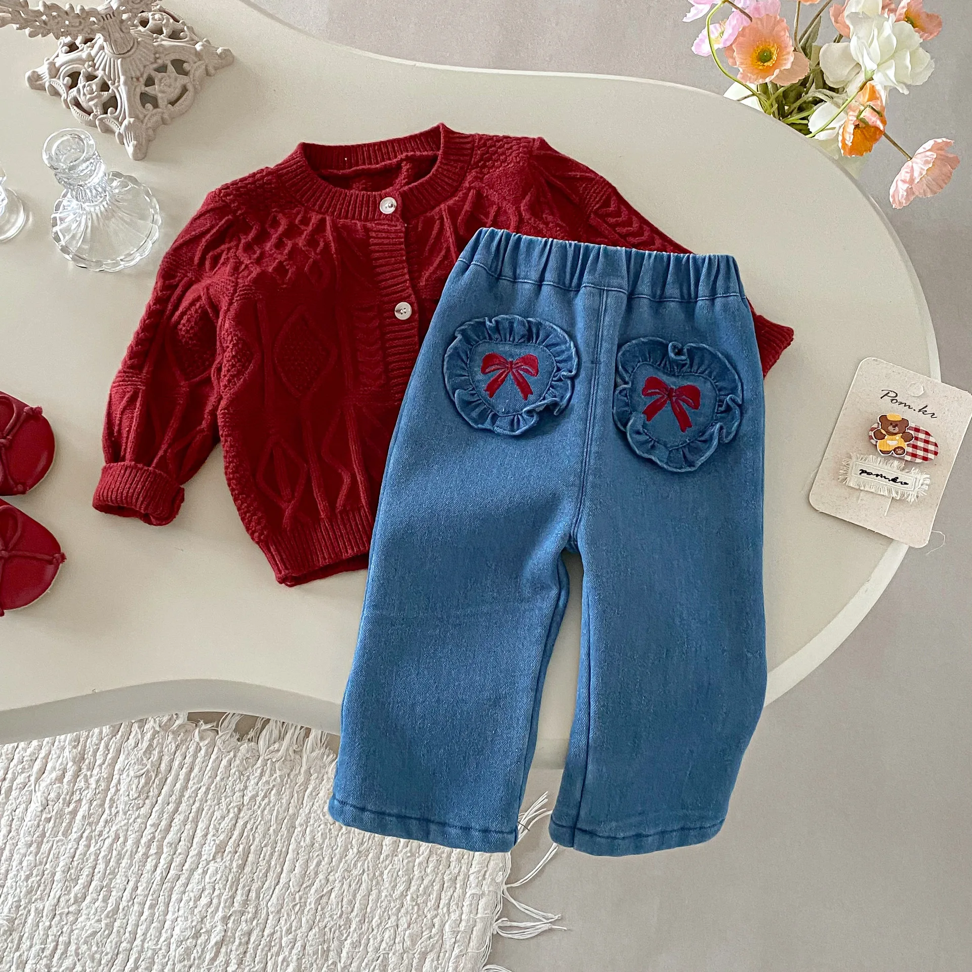 1-5 Y pantalones vaqueros de invierno para niñas, pantalones vaqueros con bordado de lazo para niños, pantalones ajustados para niñas, pantalones con forro de piel - imagen 4