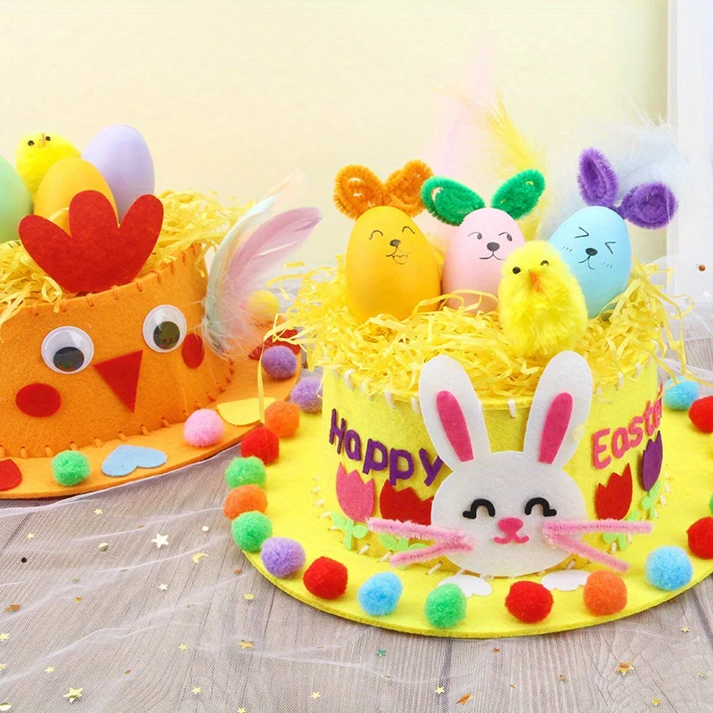 Sombreros de Pascua, Kit de manualidades DIY con decoraciones de plumas hechas a mano, conejito y polluelo para niños pequeños, fiesta de Pascua, accesorios para fotos de guardería - imagen 3