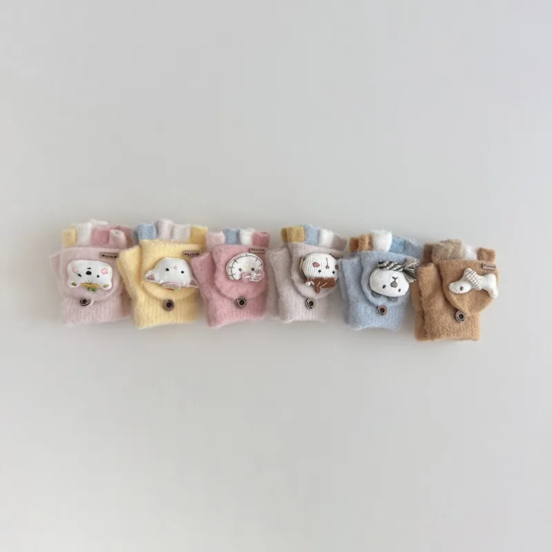 Nuevos guantes de cinco dedos para niños de invierno: bonito diseño de flores dulces estilo Ins, manoplas suaves y cálidas a prueba de frío para niños pequeños
