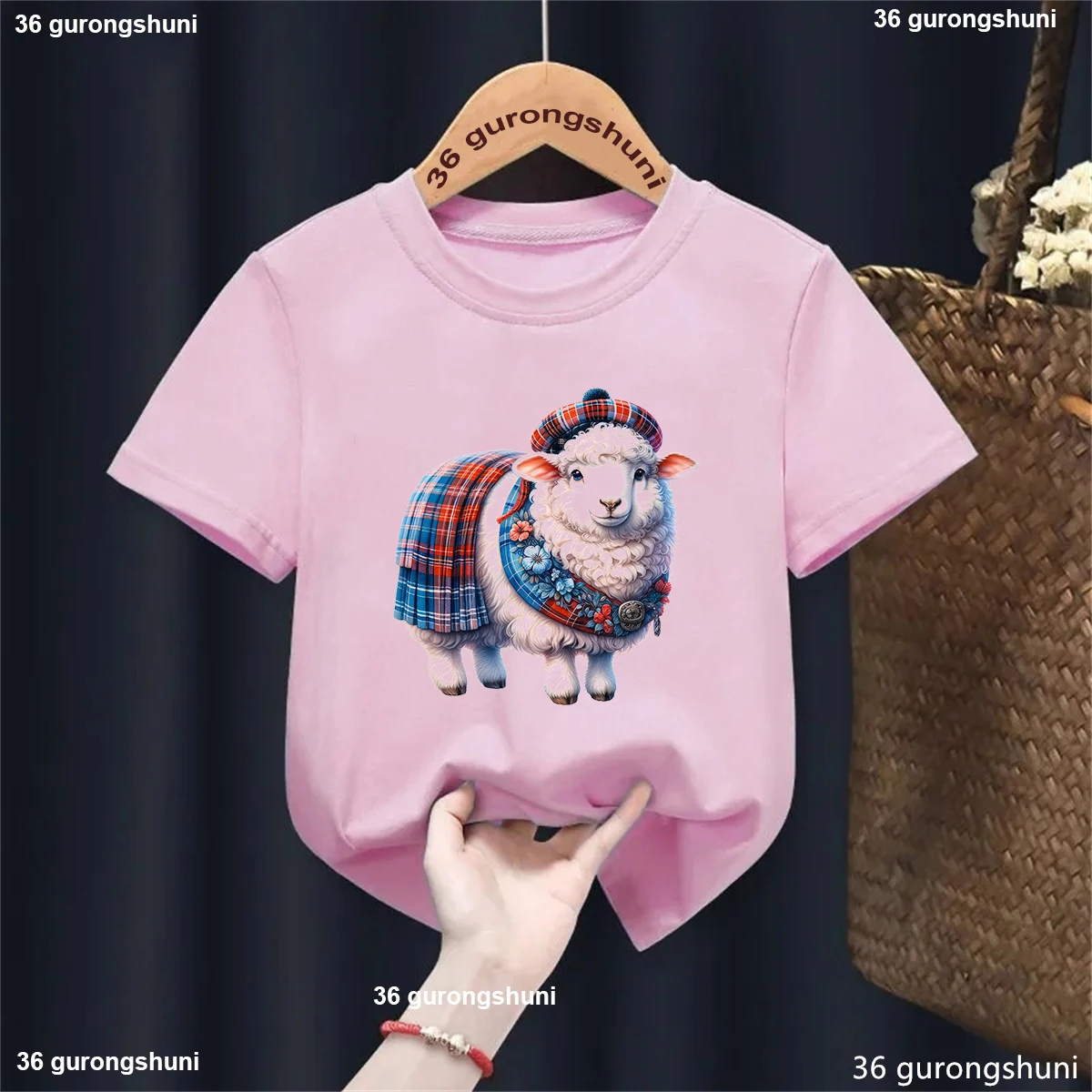 Camiseta con estampado de animales de oveja escocesa para niñas/niños, ropa divertida Kawaii para niños, camiseta blanca/rosa/azul, camiseta de moda de verano - imagen 5