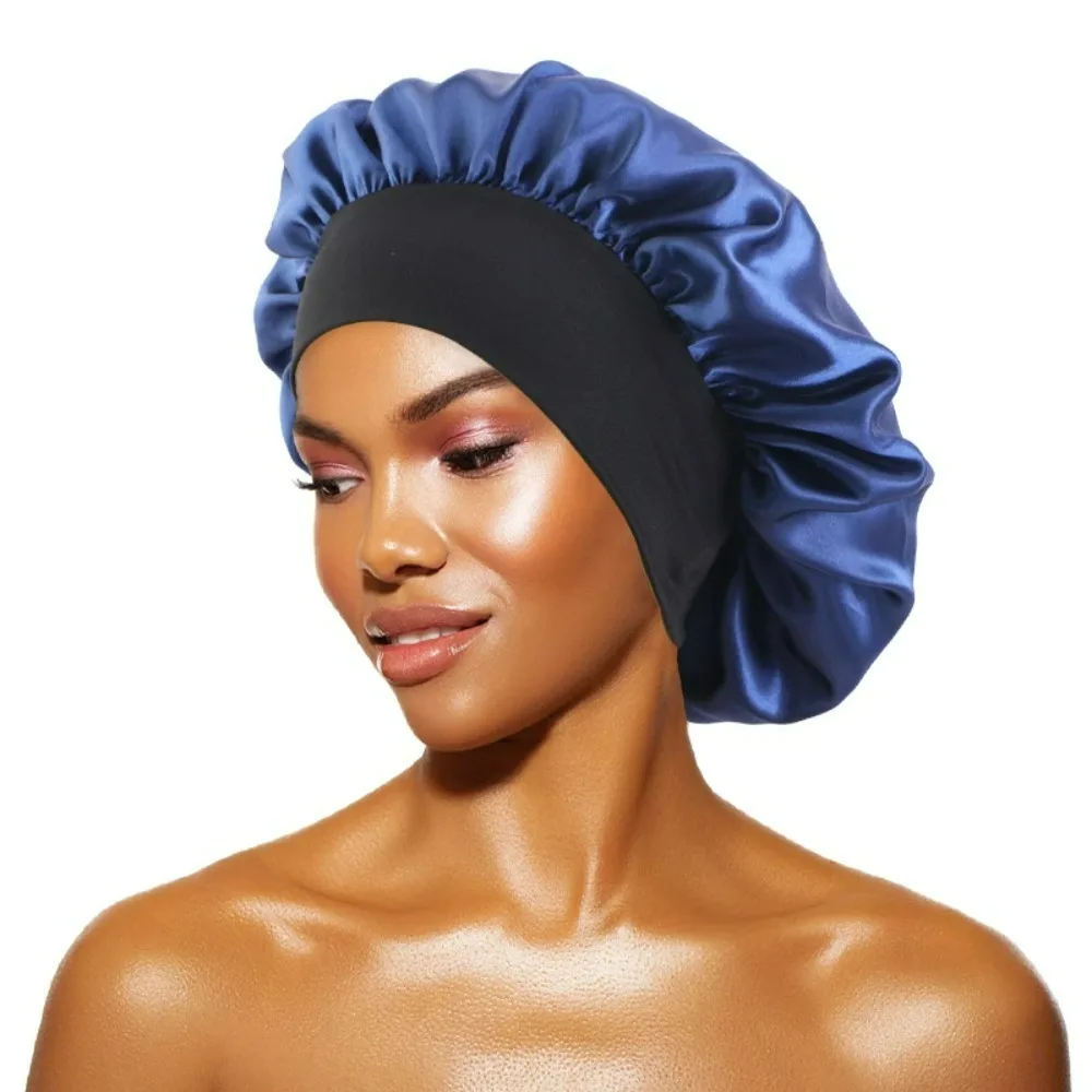 Gorros lisos de satén para mujer, gorro de baño para dormir de noche de ala ancha, gorro de banda elástica para la cabeza Unisex, gorro para el cuidado del cabello - imagen 4