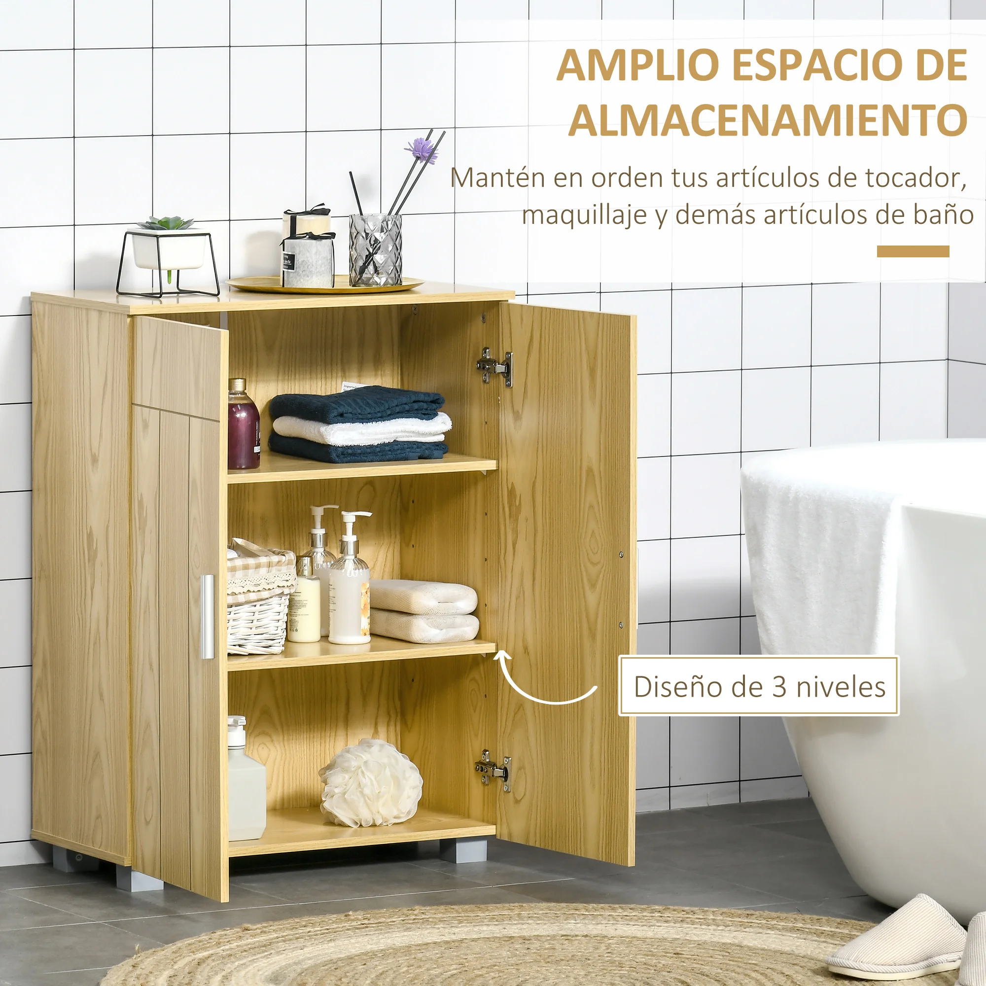 kleankin Armario de Baño con 2 Puertas y 2 Estantes Ajustables de 7 Niveles Mueble Auxiliar de Almacenaje para Salón Cocina Antivuelco 60x30x80 cm Blanco - imagen 4
