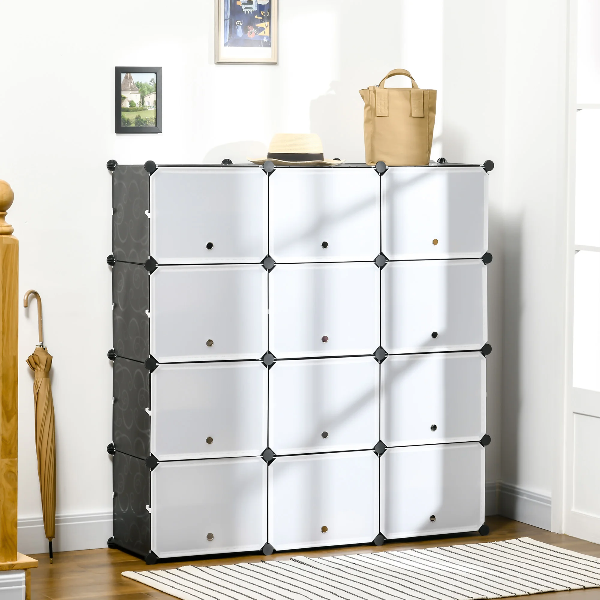 HOMCOM Armario Modular de Plástico Cajas de Zapatos con 12 Cubos Zapatero Organizador para Entrada Pasillo Dormitorio 125x32x125 cm Negro y Blanco - imagen 2