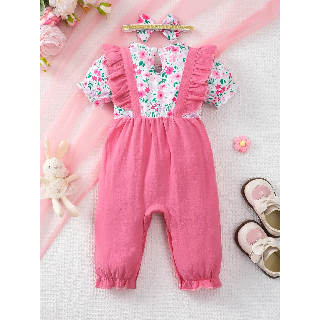 Mono de flores de manga corta para niña recién nacida de 1 a 18 meses, mono dulce infantil de verano + diadema, pelele de uso diario para niña pequeña - imagen 2