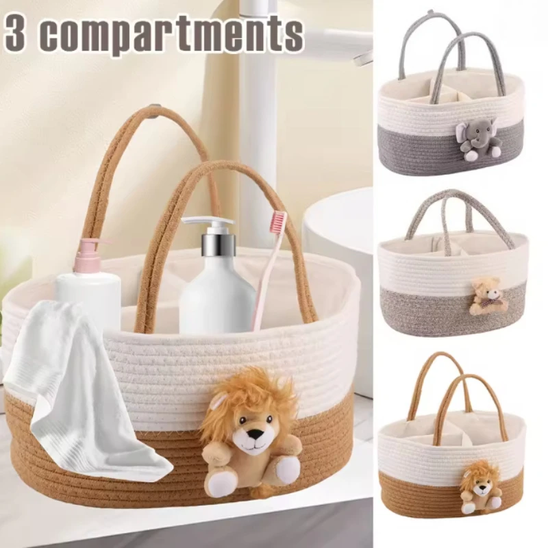 Organizador portátil para pañales, cesta de almacenamiento de cuerda de algodón de gran capacidad con asa, bolsa de viaje para cambiar pañales de bebé