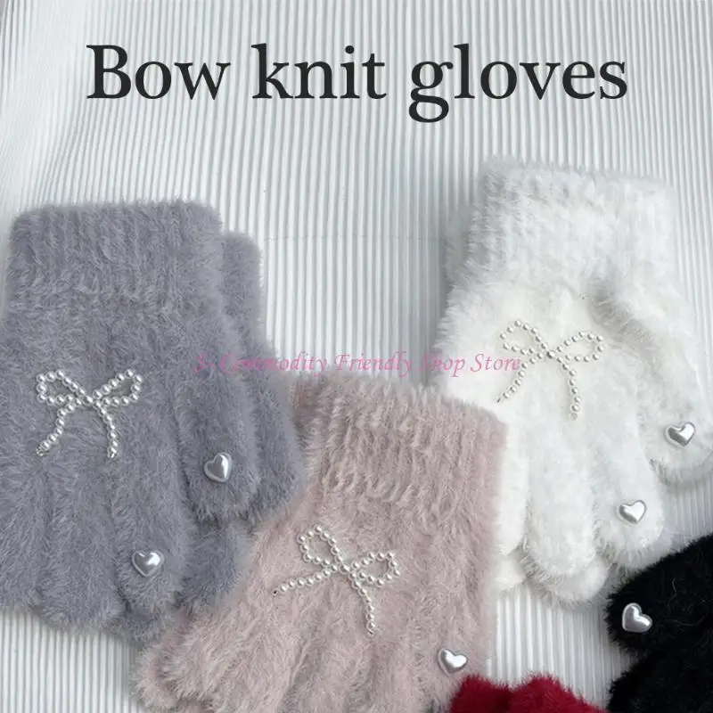 85AE Acogedores guantes punto con detalle lazo perlas para niñas 3 a 8 años - imagen 3