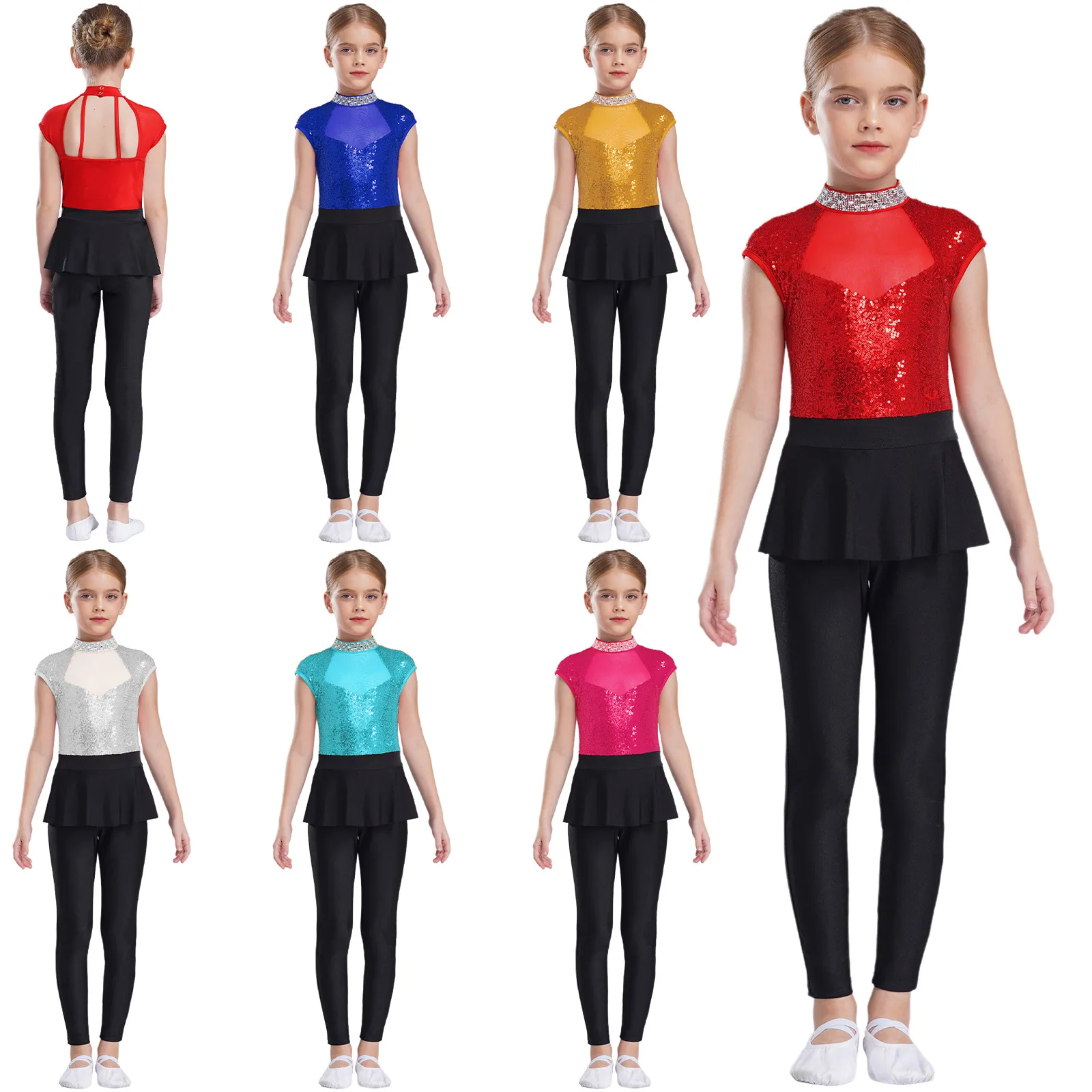 Mono de gimnasia y Ballet para niñas, pelele de patinaje artístico sin mangas de malla de retales con lentejuelas brillantes, mono de baile de Jazz latino - imagen 2