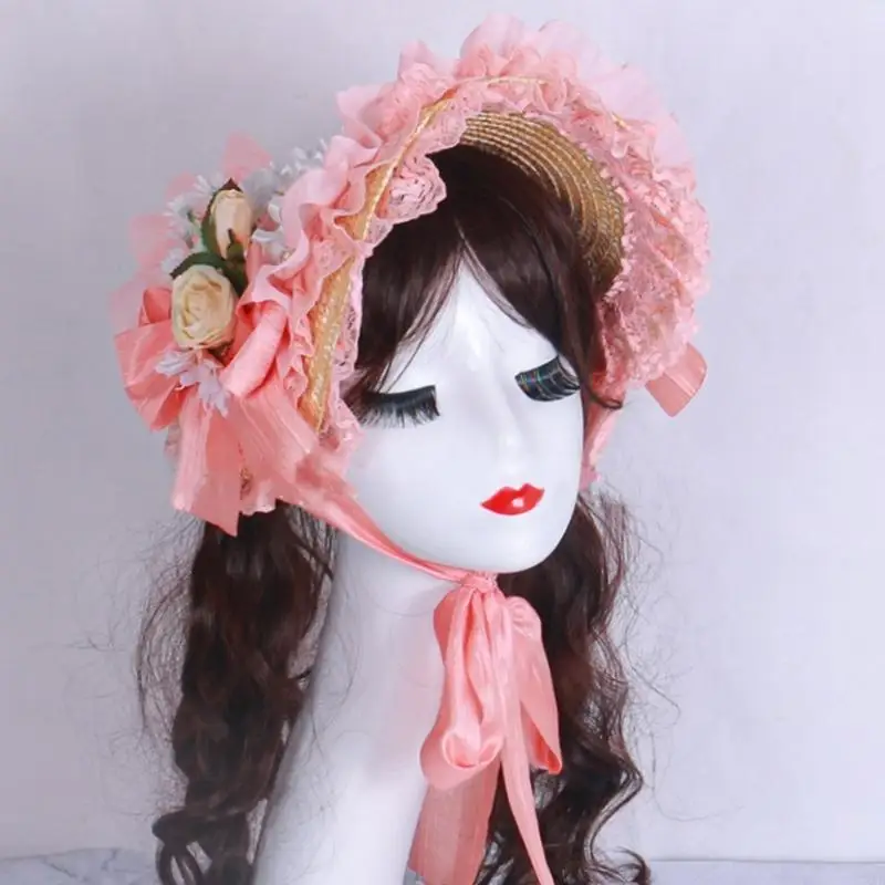 Sombrero victoriano de paja en rosa con encaje