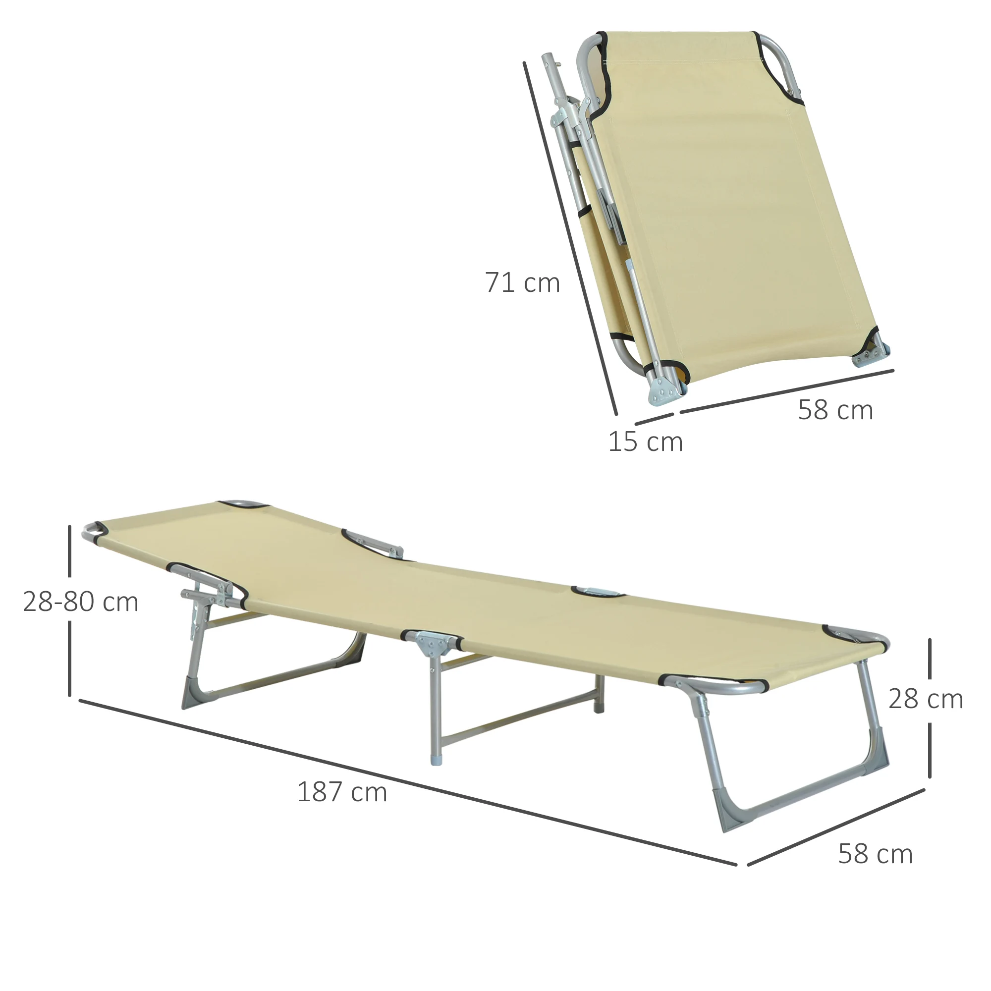 Outsunny Cama de Camping Plegable Tumbona Plegable con Respaldo Ajustable en 4 Niveles Carga 120 kg para Playa Jardín Piscina Senderismo 187x58x28 cm - imagen 3